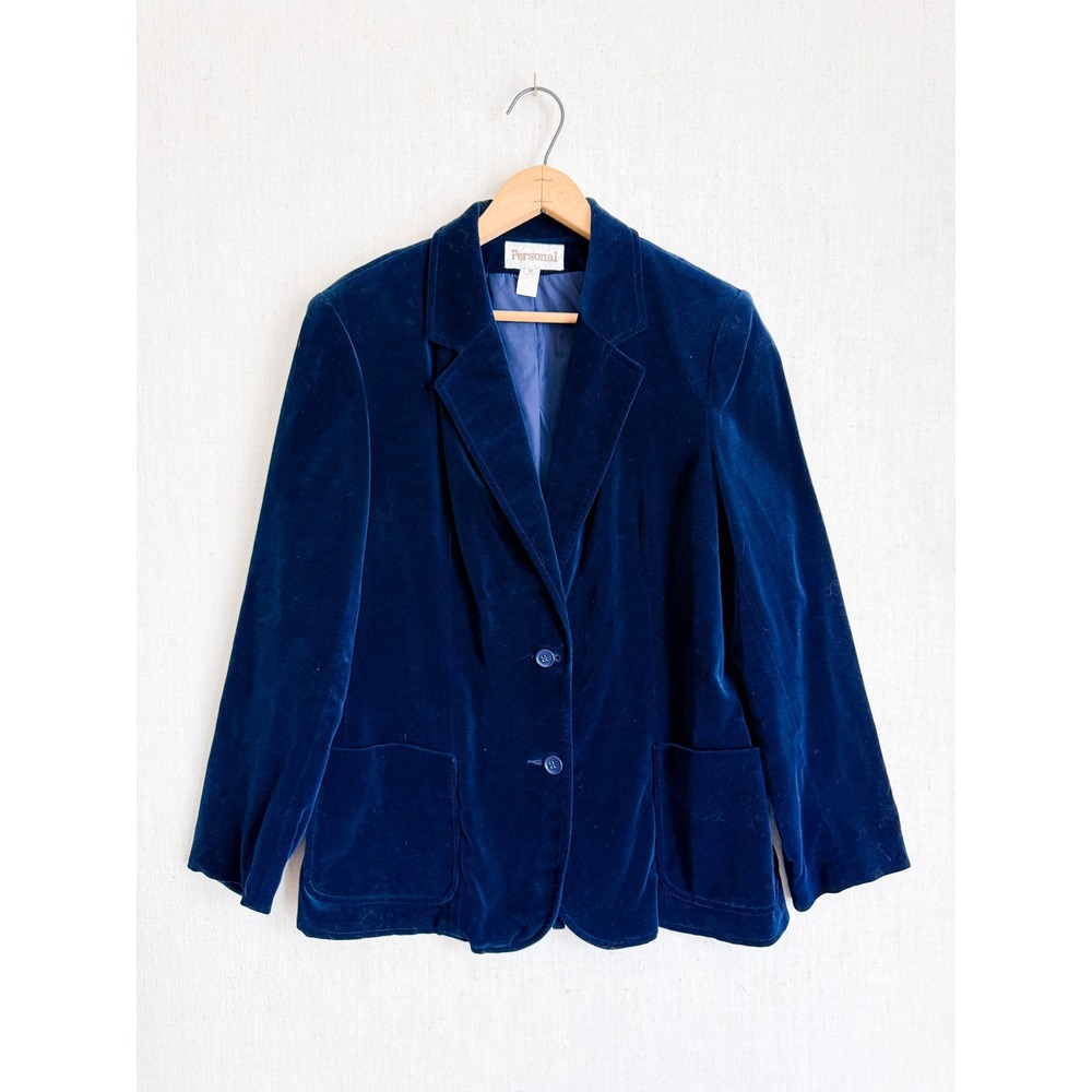 Personal Vintage Navy Blue Velvet Blazer Jacket Womens Two Button‎ Professional